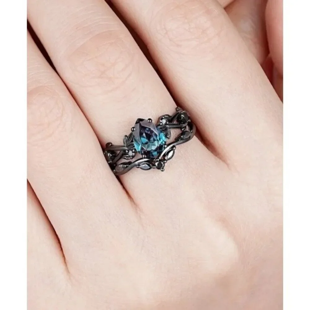 Pear Cut Alexandrite & Moissanite 2 piece Bridal Wedding engagement ring Rhodium - Picture 8 of 8